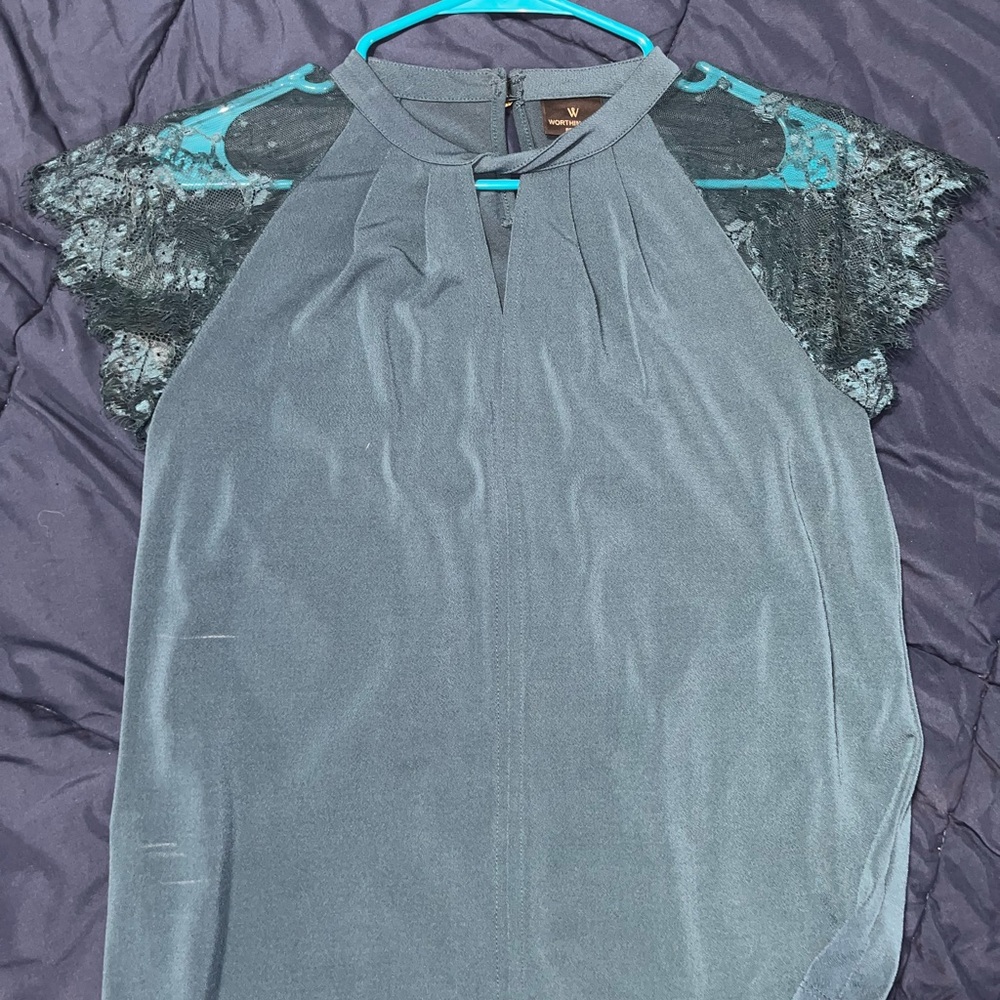 Worthington Teal Lace Cutout Blouse